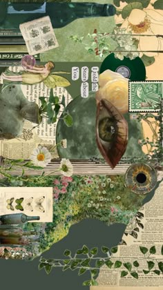 the collage is made up of many different images and words, including an animal's eye