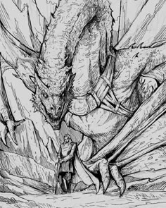 a black and white drawing of a dragon next to a man