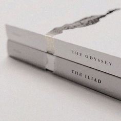 two books sitting side by side on top of a white table with the title, the odyssey