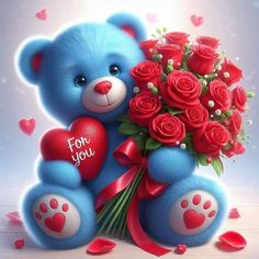 a blue teddy bear holding a bouquet of red roses with the words for you written on it