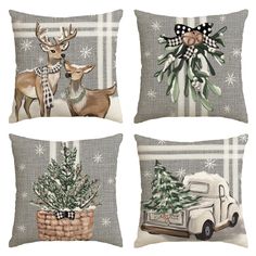 four pillows with christmas decorations and deers on the front, one has a tree