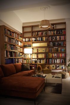 a living room filled with lots of books and furniture next to a wall full of shelves