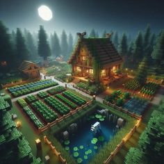 an aerial view of a garden at night with the full moon in the sky above