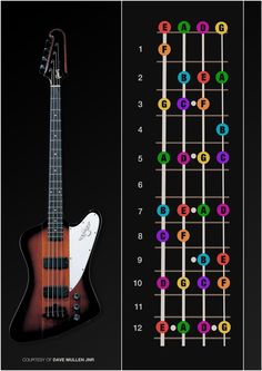 an electric guitar is shown with different colors and numbers on the strings, as well as its