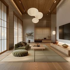 a living room filled with lots of furniture and large screen tv mounted on the wall