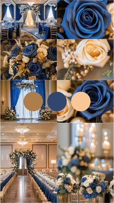 blue and gold wedding color palettes for the bride's bouquet, flowers, and chairs