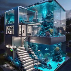 an underwater house with stairs leading up to it