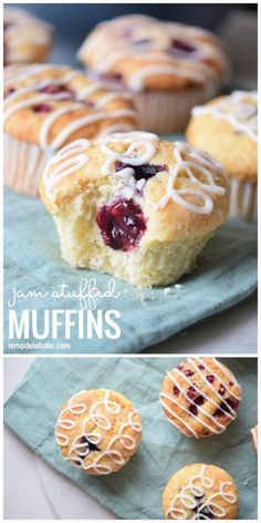 blueberry muffins with white frosting and fresh berries in the middle are shown