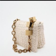 Braided Fabric Shoulder Bag Purse Brand New. Crochet Macrame Design With Gold Hardware. Very Luxe Handbag. Brand New With Tag. Ref 6011/010 Off White White Crossbody Bag With Chain, White Chain Crossbody Bag, White Chain Strap Shoulder Bag For Summer, White Square Bag With Chain Strap, Zara Rectangular Bags With Gold-tone Hardware, Zara Rectangular Shoulder Bag With Gold-tone Hardware, White Square Shoulder Bag With Chain Strap, White Rectangular Chain Bag, White Rectangular Bag With Chain