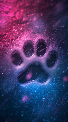 an animal paw print on a dark background with pink and blue stars in the sky