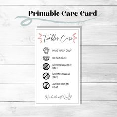 the printable care card is shown on a wooden background