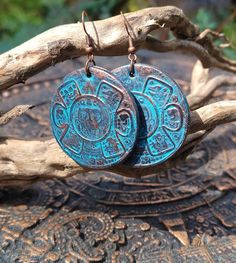 Copper patina Aztec Earrings, Aztec sun god Earrings, sun god earrings, Aztec replica jewelry, Aztec calendar, Mayan Earrings by SteampunkTexas on Etsy Mayan Earrings, Aztec Sun God, Mayan Jewelry, Egyptian Earrings, Aztec Sun, Aztec Earrings, Ancient Aztecs, Ancient Civilization, Replica Jewelry