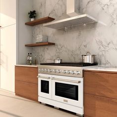 a white stove top oven sitting inside of a kitchen next to wooden cabinets and shelves