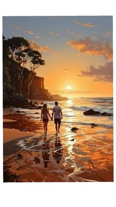 two people are walking on the beach at sunset, with the sun setting behind them