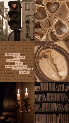 a collage of photos with books and candles