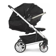 a baby stroller that is black and grey