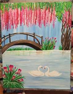 a painting of two white swans on a river with pink flowers and trees in the background