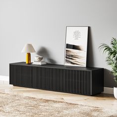 a black cabinet sitting on top of a wooden floor next to a lamp and potted plant