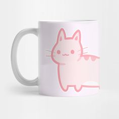 a white coffee mug with a pink cat on it