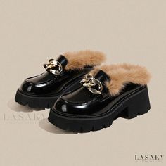 Lasaky - Fashionable Fur Slippers: Stylish and Comfortable, with Thick Heels and High-quality Rabbit Fur Trim Half Slippers, Fur Heels, Indoor Outdoor Slippers, Rough Heels, Black Chunky Heels, Faux Fur Slippers, Outdoor Slippers, Fuzzy Slippers, Fur Slippers