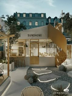 the sun shine store is located in front of a building with steps leading up to it