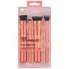 The Real Techniques Face Base Set brings together 4 makeup brushes to help you achieve the perfect base. The set includes our Ultra Buff brush, Small Conceal brush, Flat Contour brush, and our Setting brush. Apply foundation, blend out concealer, pack on cream blush, and do it all just like a professional, with our Face Base Set. We know getting your base perfect before customizing your look is super important, and our set has everything you need to do just that. Most of the Real Techniques Face Face Base Makeup, Essential Makeup Brushes, Real Techniques Brushes, Foundation Contouring, Face Base, Base Makeup, Makeup Brush Kit, Perfect Complexion, Cream Contour