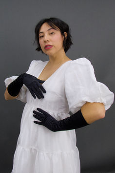 woman in vintage white dress  wearing black and white satin spandex forearm length gloves Evening Gloves, Bridal Gloves, Vintage Bridal, Wedding Elopement, Black Vintage, White Satin