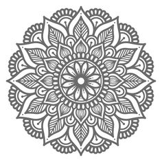 a circular floral design in grey and white on a white background, suitable for printing or coloring