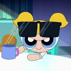 the powerpuff character is holding a coffee cup