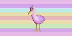 a pink flamingo standing in front of a multicolored striped wallpaper background