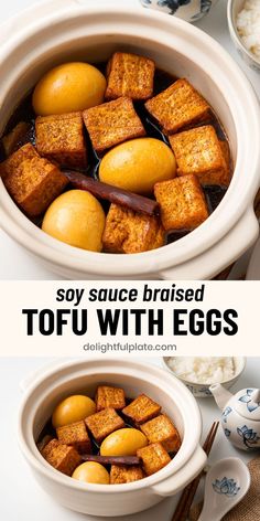 a pot of braised tofu and eggs with soy sauce Vietnamese Vegetarian Recipes, Tofu And Eggs, Vietnamese Tofu, Braised Tofu, Tofu Recipes Healthy, Chinese Wisdom