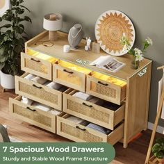 an image of a wooden drawer with drawers on it and the words 7 spaceous wood drawers