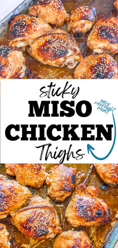 chicken thighs in a baking pan with the words sticky miso chicken thighs above them