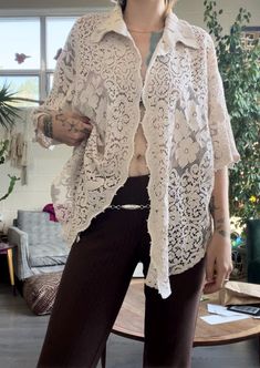 Handmade from a 1960s cotton lace table cloth collared short sleeve shirt curved hem line no closures but a safety pin or brooch would look great CHEST: 42" SHOULDER TO SHOULDER: 22" LENGTH (NAPE TO HEM): 25" Tablecloth Shirt, Lace Table Cloth, Upcycle Sewing, Lace Table, Lace Tablecloth, Lace Outfit, Safety Pin, Cotton Lace, Short Sleeve Shirt