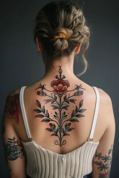 Cool Back Piece Tattoo, Back Piece Tattoo Neo Traditional, Delicate Traditional Tattoo, Feminine Neo Traditional Tattoo, Realistic Traditional Tattoo, Tattooed Lady Tattoo, American Traditional Tattoos Large, Back Tattoo Traditional Women, Traditional Back Tattoos For Women