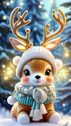 a cute little deer wearing a knitted hat and scarf with sparkles on its antlers