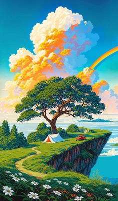 a painting of a tree on top of a cliff with a rainbow in the sky