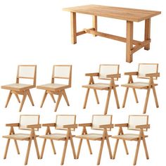 a set of six chairs and a table in different positions, all with the same seat