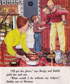 an old children's book page shows a woman and two boys preparing food