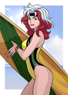 a woman with red hair holding a surfboard