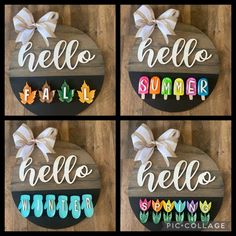 four wooden signs that say hello autumn and hello fall