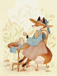 a painting of a fox sitting at a table with a teapot and cup on it