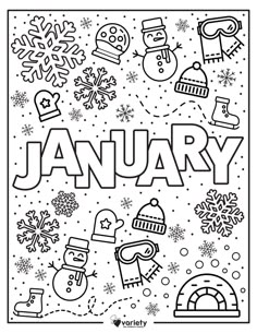 the word january is surrounded by snowflakes and other winter related items in black and white