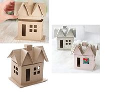 three different views of small houses made out of cardboard