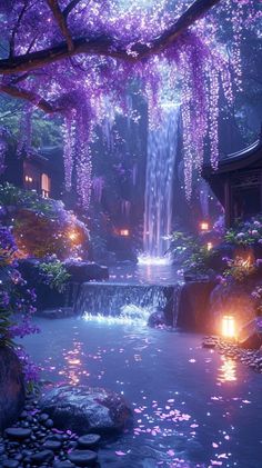 a waterfall in the middle of a forest with purple flowers on it and lights at the bottom