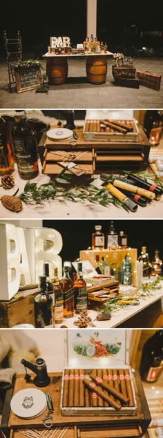 the table is set up with different types of food and drinks on it, including an assortment of condiments