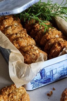 some food is in a blue and white container