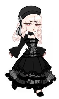 a drawing of a girl in a black dress with white hair and an eye patch