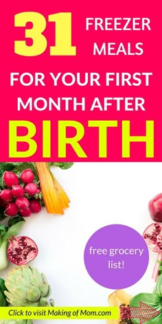 the cover of 31 freezer meals for your first month after birth