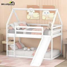 If you want to create an awesome room for your child, go bold with this childlike house bunk bed with slide. Your kids will notice and fall in love with the slide attached and house shape silhouette at the first sight - fun yet safe, the easy to climb steps makes getting up into bed a safe ascent while the slide makes for a rapid descent, which is friendly to a younger child. Sturdy and robust, this wooden kids bunk bed with slide is crafted from solid pine wood and MDF. The sturdy frame allows Girl Bunk Bed Rooms Ideas, Twin Bunk Bed Ideas For Small Room, Toddler Bunk Bed, Zoe Land, Bunk Bed House, Slide Bed, Bunk Beds For Girls Room, Bed Frame For Kids, Bunker Bed